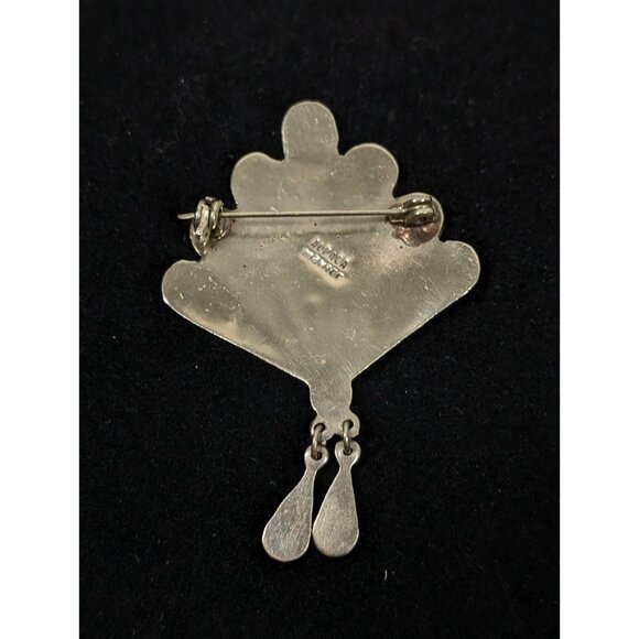 Vintage Alpaca Mexico Abalone Shell Onyx Inlay Fan Charm Brooch Pin Signed - Picture 4 of 9